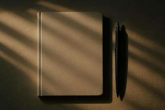 Minimalistic notebook and pen with soft natural light and shadows, perfect for writing, planning, or creative work. photo