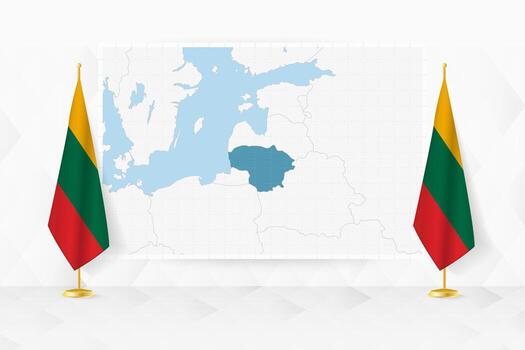 Map of Lithuania and flags of Lithuania on flag stand. vector