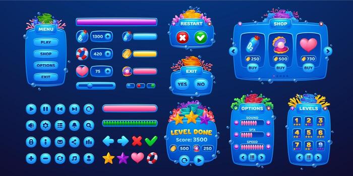 Colorful game UI with interactive buttons vector