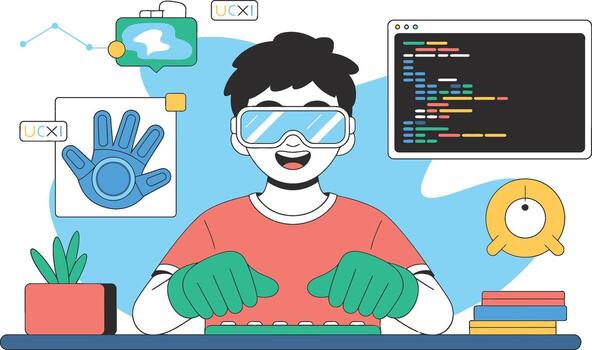 persona en vr auriculares codificación con virtual mano interfaz vector