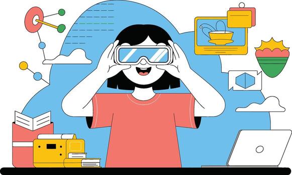 Person using VR headset with educational and technological elements vector