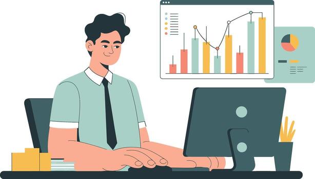 empresario analizando datos en computadora con cartas vector