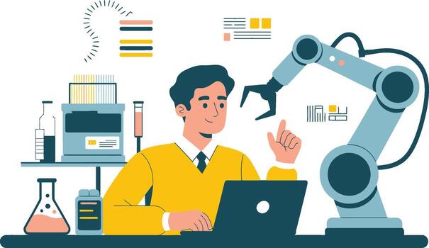 científico trabajando con robótico brazo y laboratorio equipo vector