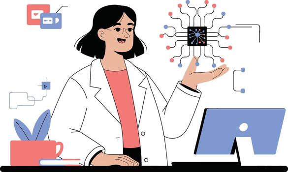 Scientist Holding a Microchip with Data Connections vector