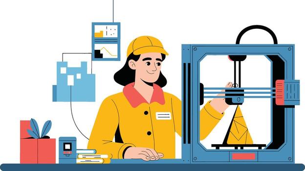 Woman operating a 3D printer with data visualizations vector