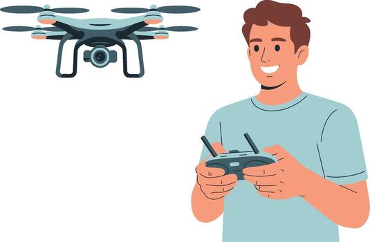 Man operating a drone with a remote control vector