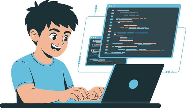 Young boy coding on a laptop with multiple screens vector