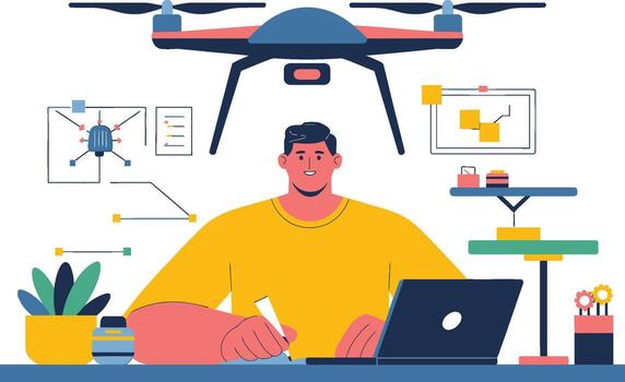Man working with drone technology and laptop vector