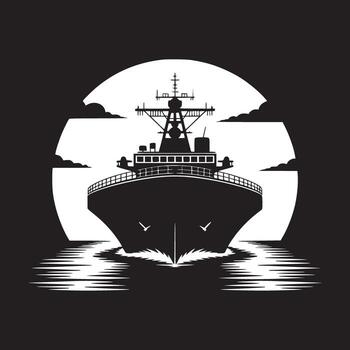 A black and white silhouette of a ship sailing on water with a moon and clouds in the background vector