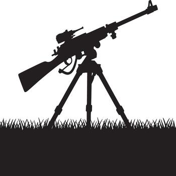 Silhouette of a rifle with scope mounted on a tripod standing in grass against a white background vector