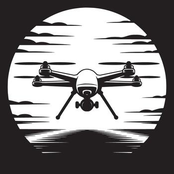 Drone silhouette against a white circle with cloud like patterns and water reflections below it vector