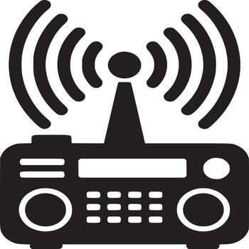 Isolated black radio receiver with antenna emitting waves on a white background in simple style vector