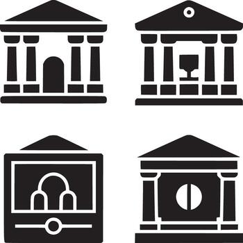 Four black and white icons depicting different building structures in a simple style design vector