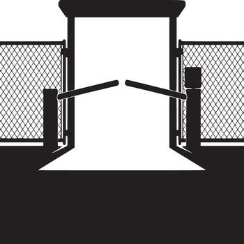 A monochrome illustration of an open security gate with a chain link fence on either side in black and white vector