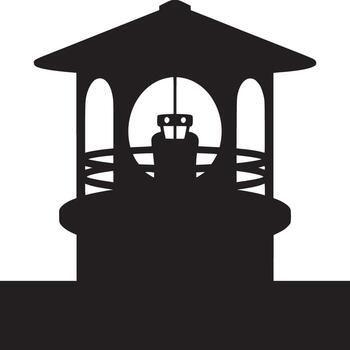 A stark silhouette of a lighthouse structure against a bright white backdrop with geometric details vector