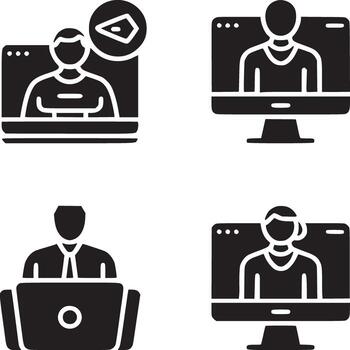 Four black and white icons depicting online meetings and remote work communication methods in simple style vector