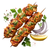 köstlich gegrillt Hähnchen Spieße mit Zitrone und Zwiebel Garnierung auf transparent Hintergrund png