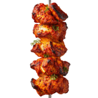 köstlich gegrillt Hähnchen Tikka Kebab Stücke Spieß Präsentation auf transparent Hintergrund png