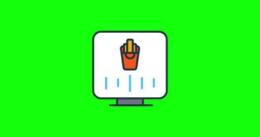 animerad kör thru skärm på en grön skärm som visar ett beställa bearbeta. en digital meny kiosk ui cykler genom föremål, sedan visas en Framgång kolla upp mark för en bekräftad transaktion. video