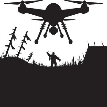Silhouette of a drone flying over a person in a field with mountains in the background in black and white vector