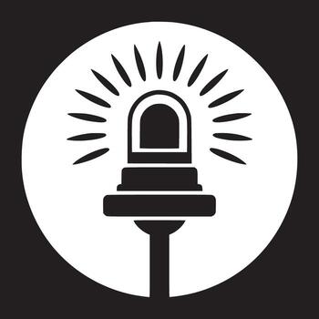 A black and white graphic of a light with rays emanating from it set against a circular background vector