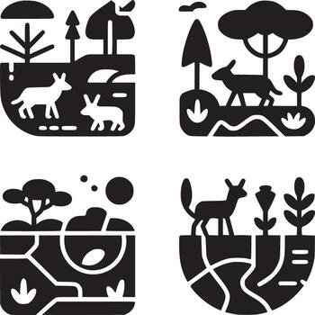 Four nature scene icons featuring animals trees and plants in a simple black and white style design format vector