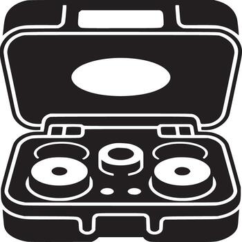 Illustration of an open black case with circular objects inside on a white background art style vector