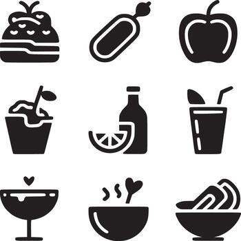 A collection of nine black and white food and drink icons arranged in a three by three grid pattern vector
