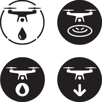 Four drone icons showing different functions such as spraying and descending in black and white color vector