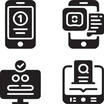 Four black and white icons depicting a phone with notification, a computer, and a tablet display icon vector
