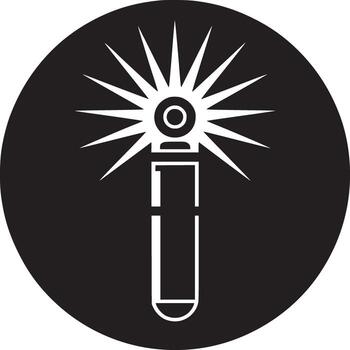 A black circle containing a white abstract design of a light with rays emanating from the top center vector