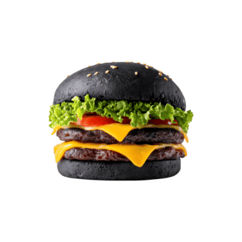 Cheesy Double Patty Black Burger with Lettuce and Tomato, Isolated png