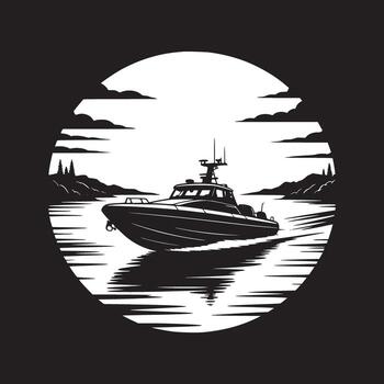 A black and white graphic of a boat on water with trees and clouds in the background in a circle vector