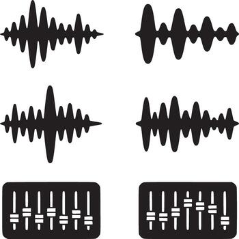 Black audio waveforms and equalizer sliders displayed on a white background in a graphic style vector