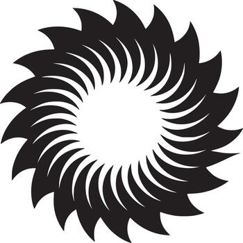 A black and white abstract circular design with curved shapes radiating from the center point outward vector