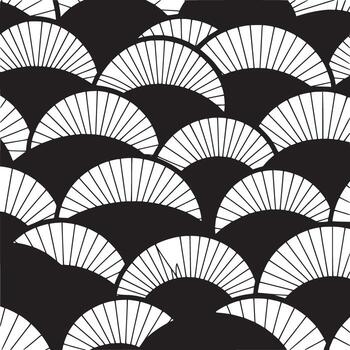 Black and white fan pattern forming a seamless background with overlapping fan shapes and radiating lines vector