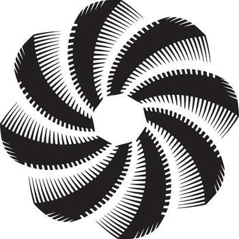 Black and white abstract flower design with radial symmetry and striped petal patterns in a circular form vector