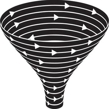 A black and white illustration of a funnel shape with horizontal lines and arrowheads pointing inward vector