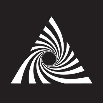 A white triangle with a swirling pattern converging into a dark circle on a black background design vector