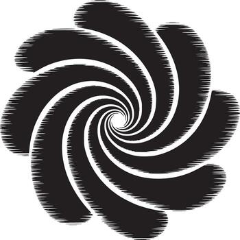 A black and white abstract spiral design with curved shapes radiating from the center point inwards vector