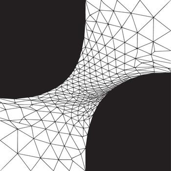 A black and white abstract geometric mesh with curved shapes and triangle patterns in the design space vector