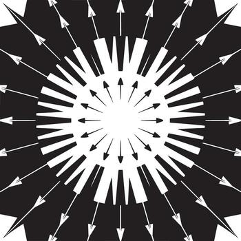 negro y blanco radial modelo con flechas y líneas emanando desde un central circular espacio vector