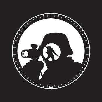 Silhouette of a sniper with a scope aiming at a soldier inside a circular target design element vector