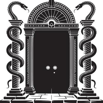 A black and white illustration of an ornate door flanked by columns with snakes coiled around them vector