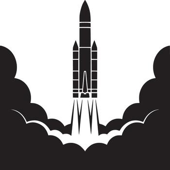 A graphic illustration of a rocket launching with smoke clouds in a black and white color scheme vector