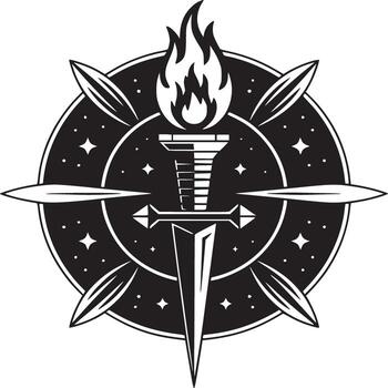Circular emblem featuring a sword piercing a torch surrounded by stars and pointed shapes vector