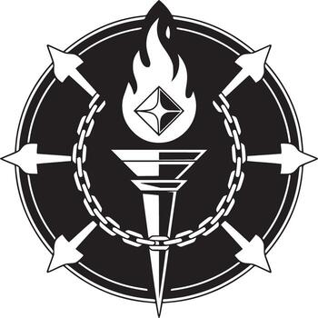 A black and white emblem featuring a torch with flame inside a circle with arrow points around it vector