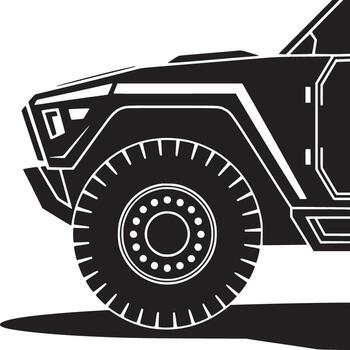 Close up of a black and white vehicle with a large tire and angular body design illustration vector