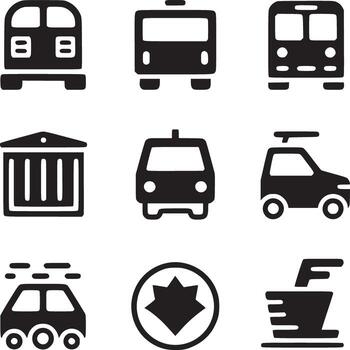 A collection of nine black transportation and other icons arranged in a three by three grid format vector
