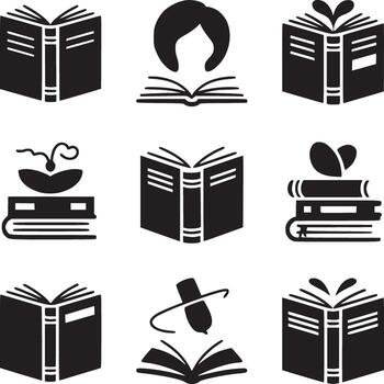 A collection of black and white book illustrations featuring open books and reading related icons vector